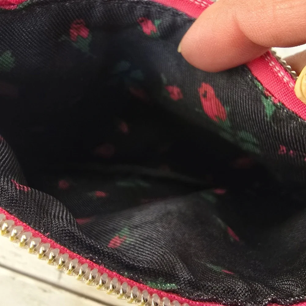 Betsey Johnson Floral Makeup Bag Navy Blue Pink Rose Gold Trim Zipper Pouch